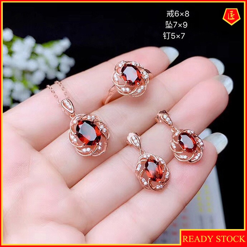 [Ready Stock]Natural Garnet Set Simple Fashion Rings Pendants Stud Earrings