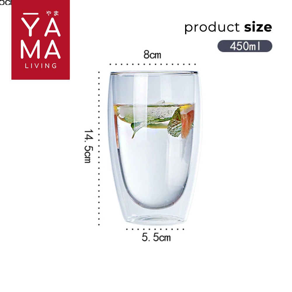 YAMA SIZHU Double Wall Glass Gelas Kaca Cafe Tinggi Anti Panas  Borosilicate 450 ml