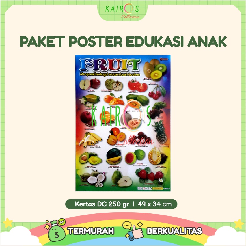 Paket 10 Pcs Poster Anak Edukasi Belajar Huruf Abjad, Buah, Angka, Hewan Binatang, Sayur, Kendaraan Transportasi