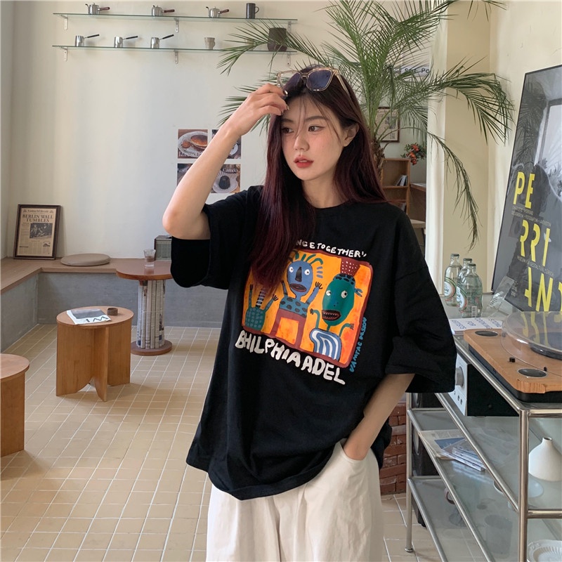 baju atasan wanita doodle abstract painting graphic printing t shirt korean style lengan pendek kaos hitam