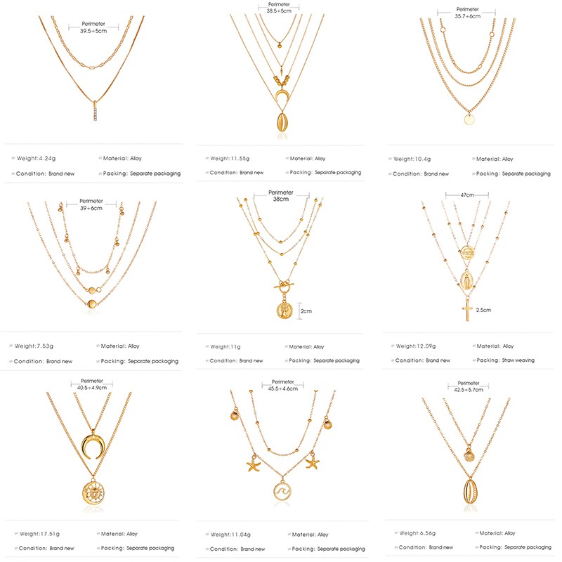 [ACKER] Mode Punk Multilayer Emas Wanita Kristal Huruf Liontin Kalung Rantai Kalung Perhiasan Aksesoris Hadiah