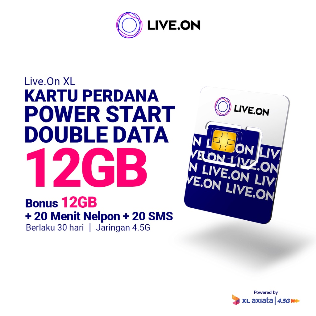 Live.On Kartu Perdana Power Start Double Data 12GB (30 hari) + 2GB/Bulan (Total 12GB) Jaringan 4.5G