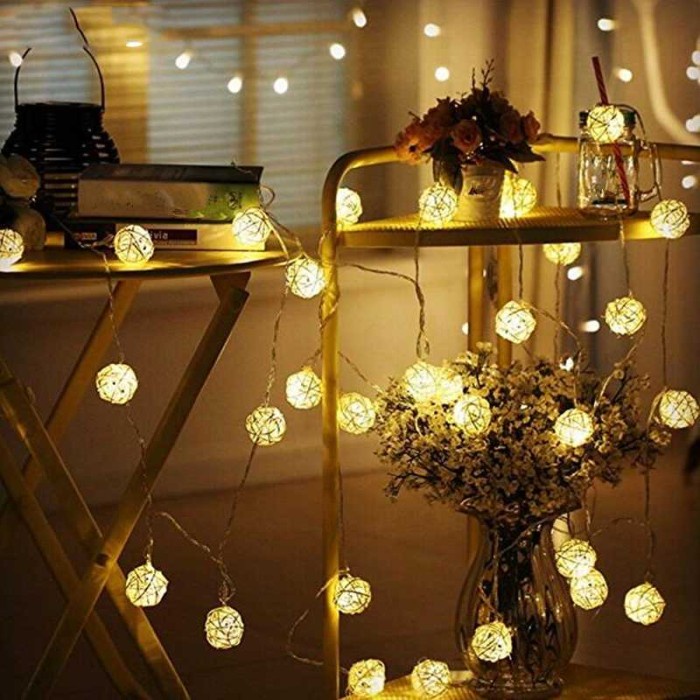 Lampu Hias Dekorasi Kamar Cafe Taman Bola Rotan String Fairy - B073 - WARM WHITE, 1.2M