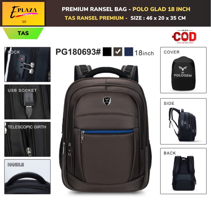 POLO GLAD - TAS RANSEL KERJA PRIA 18 INCH | TAS LAPTOP FREE USB C - RAINCOVER