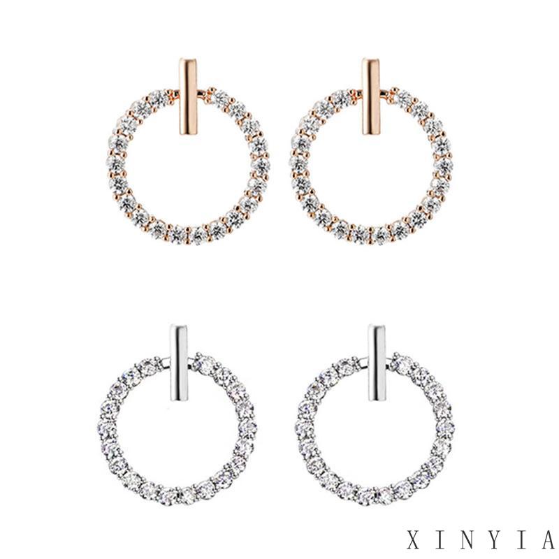 【Bayar di tempat】Anting Bentuk Lingkaran Geometris Aksen Berlian Gaya Korea