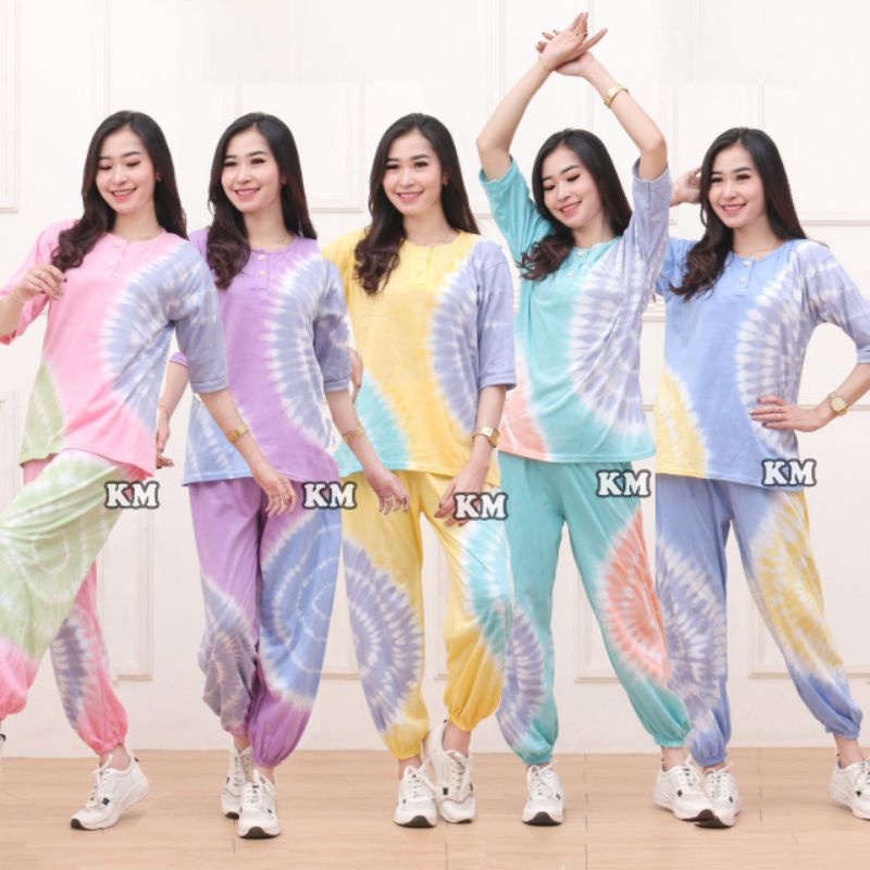 ONE SET SETELAN WANITA CP TIE DYE MODEL JUMPUTAN BABYDOLL KEKINIAN TERLARIS SETELAN CELANA PANJANG