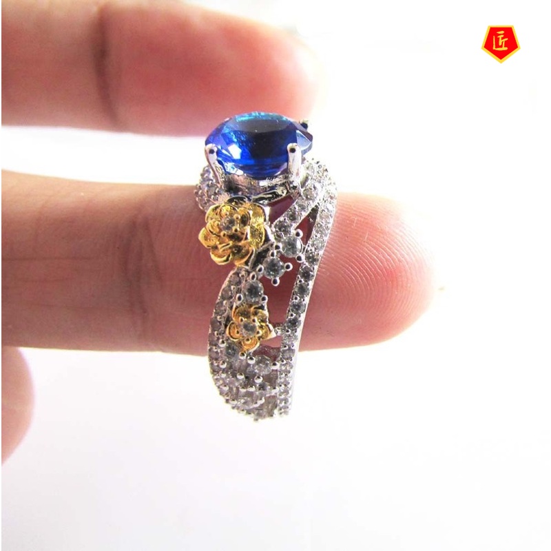 [Ready Stock]18K Micro-Inlaid Sapphire Gold Flower Color Separation Ring