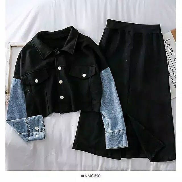 Jaden Set Wanita 2in1 Setelan Rok Skirt Modern Jaket Matt Flace Mix Jeans 3Varian Warna Terlaris