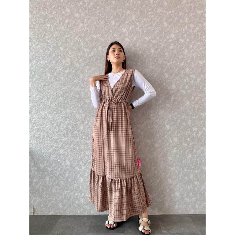 Longdress Overall Kotak Serut inner Overall Inner Serut Motif Kotak Bahan voxy