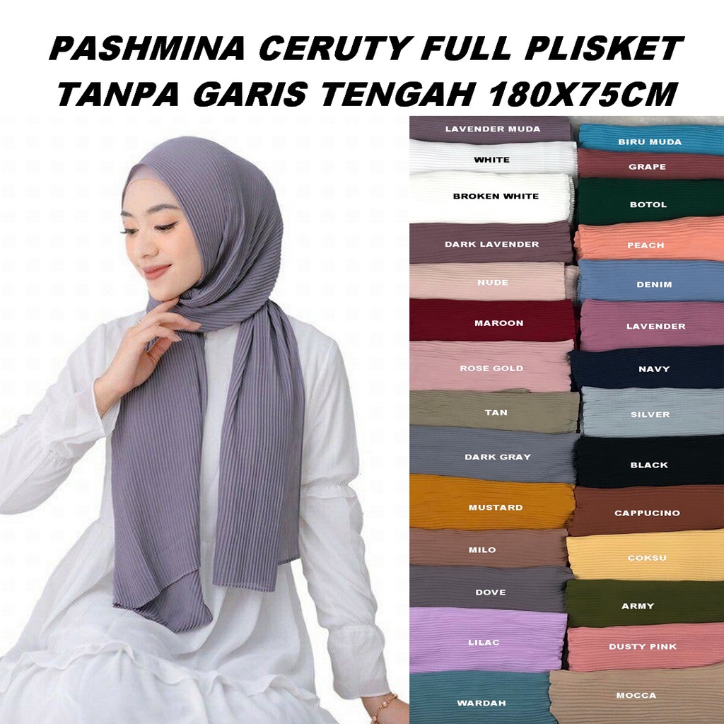 Hijab Pashmina Ceruty Full Plisket Lidi Tanpa Garis Tengah 180x75cm