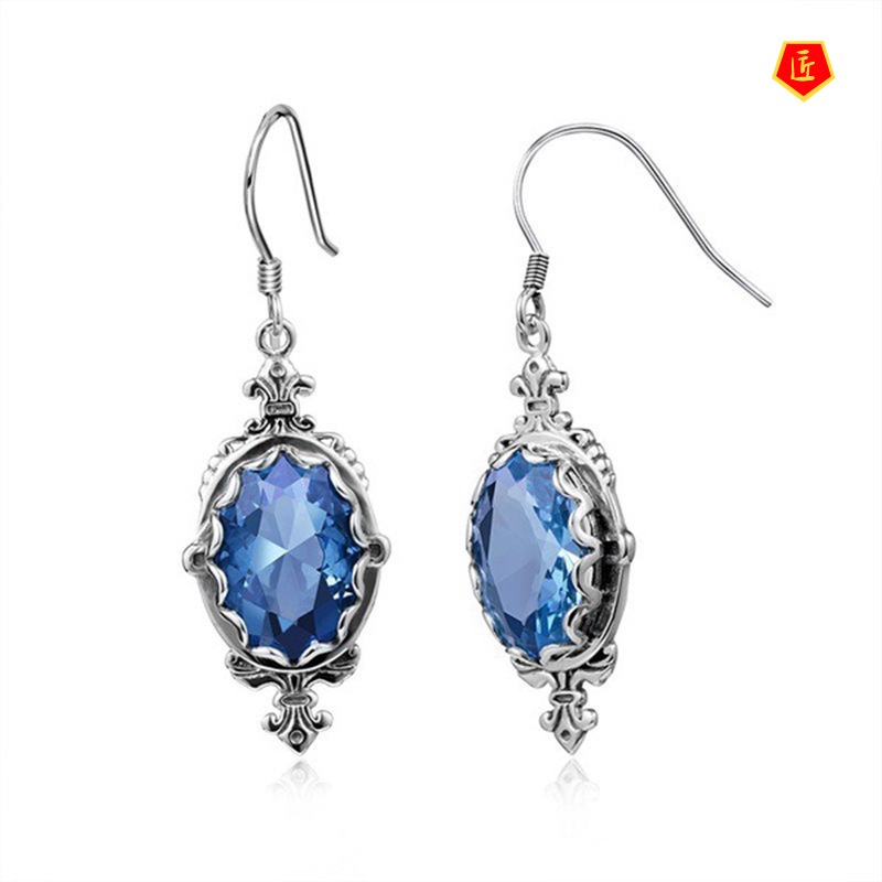 [Ready Stock]S925 Silver Inlaid Topaz Aquamarine Earrings Retro Women's