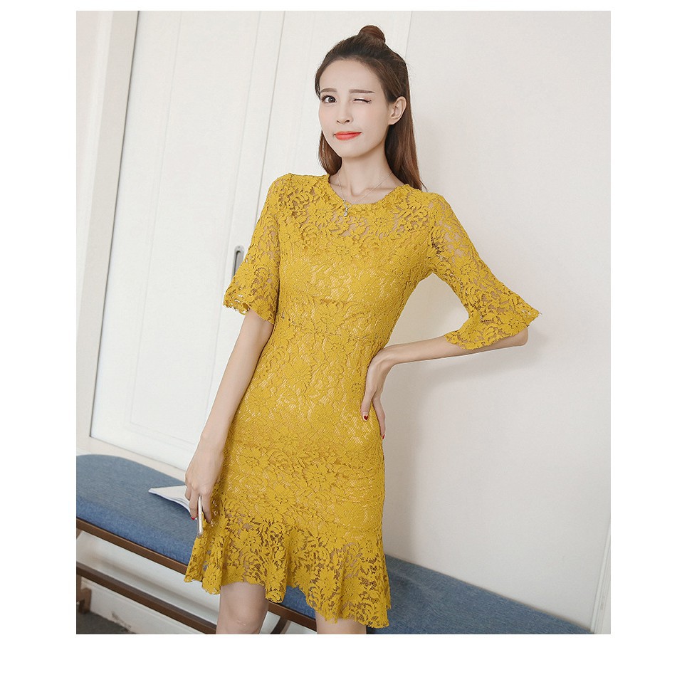 Dress Midi Slim Sexy Lengan Ruffle Model Hollow Bahan Lace Gaya Korea