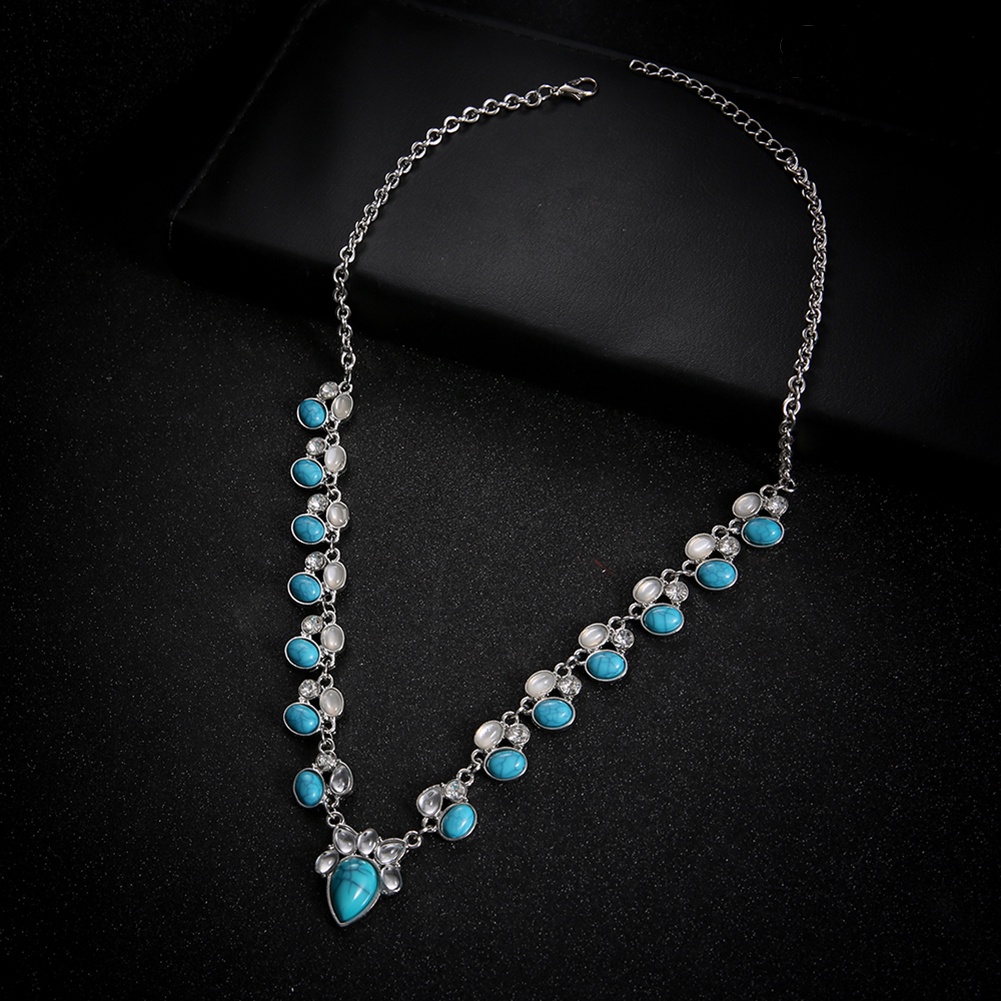 Kalung Rantai Choker Dengan Liontin Opal Turquoise Imitasi Untuk Wanita