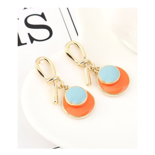 LRC Anting Tusuk Fashion Green + Light Yellow Dripping Small Disc Knotted Earrings Y63118