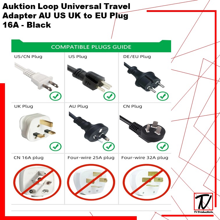 Auktion Loop Universal Travel Adapter AU US UK to EU Plug 16A - Black