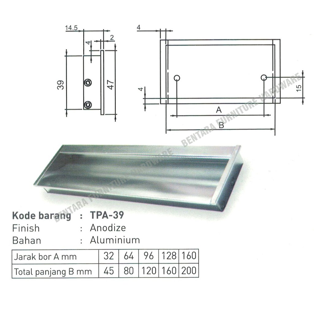 HUBEN TPA-39 128 MM ANODIZE - Tarikan Laci Tanam Meja Lemari Kabinet Gagang Pintu Handle Drawer Aluminium   BLACK GOLD HITAM SILVER