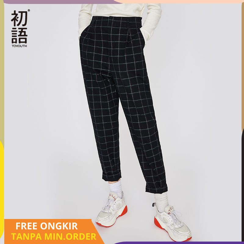 Toyouth Hitam Vintage Celana Kotak Kotak Wanita Lurus Celana Chic Harajuku Diperiksa Celana Slim Shopee Indonesia
