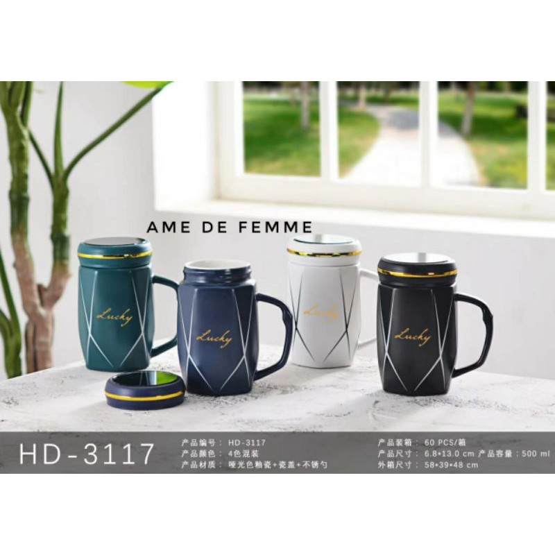 Gelas cangkir Mug tutup putar lucky keramik + free box