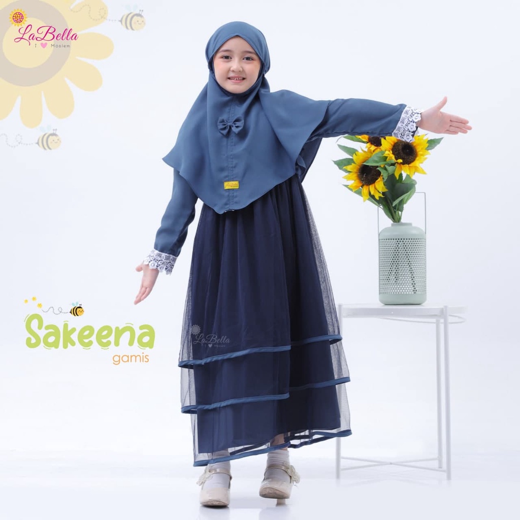 Gamis AnakTermurah Labella Sakeena Navy Biru Dongker Set hijab Umur 3 - 6 Tahun