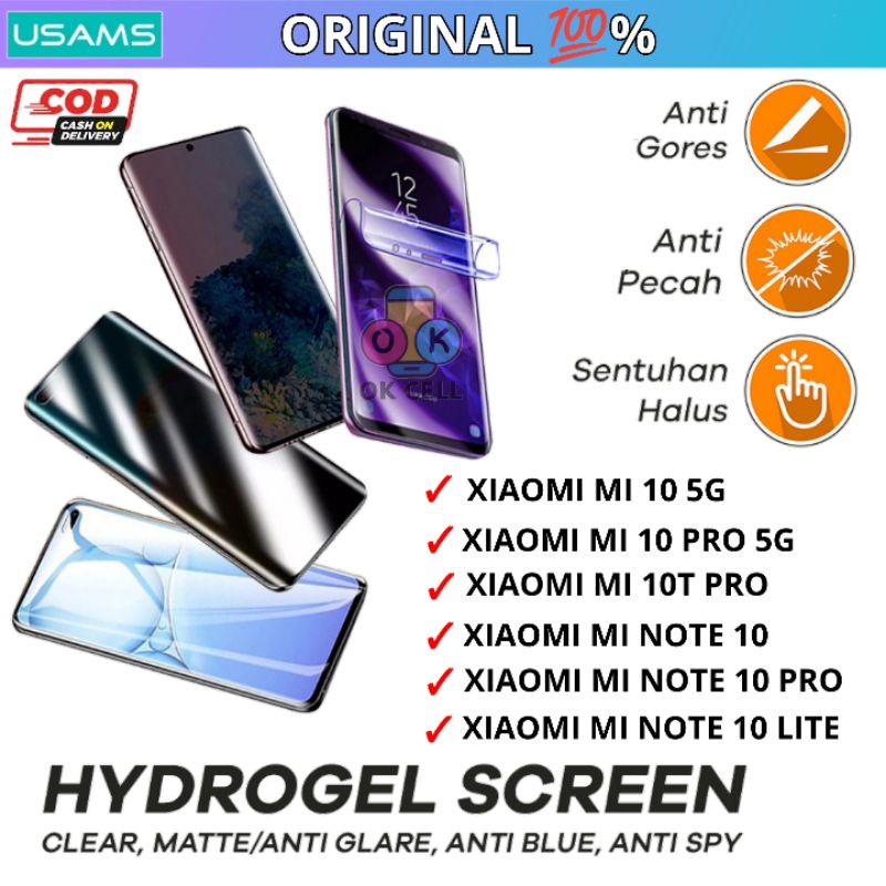 USAMS ORIGINAL Hydrogel Anti Gores Blue Light Matte Spy Xiaomi Mi Note 10 10T PRO Lite 5G Full Layar