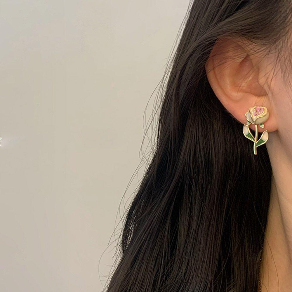 Needway Anting Wanita Temperamen Elegan Gadis Hadiah Pink rose Aksesoris Pesta Alloy Bunga Stud Earrings