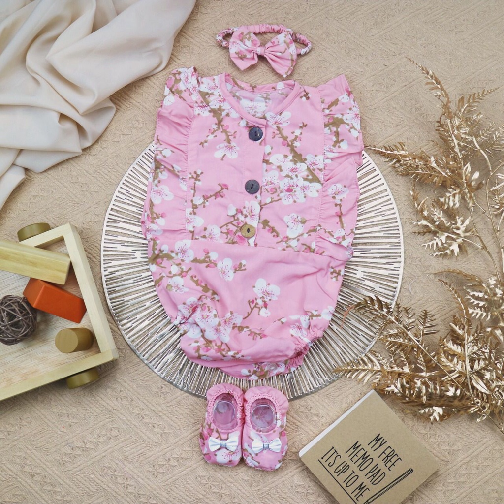 Baru! LIK029 - 3in1 Jumper Bayi Cewek Perempuan Bunga Sakura Sepatu Bandana Fashion Lucu