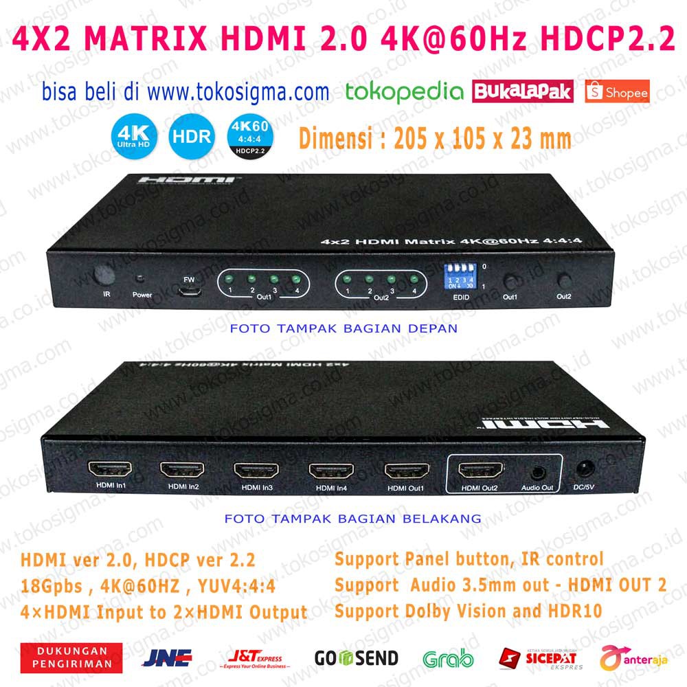 HDMI MATRIX 4X2 HDMI ver 2.0 UHD 4K @60hz AUDIO EXTRACTOR with IR REMOTE