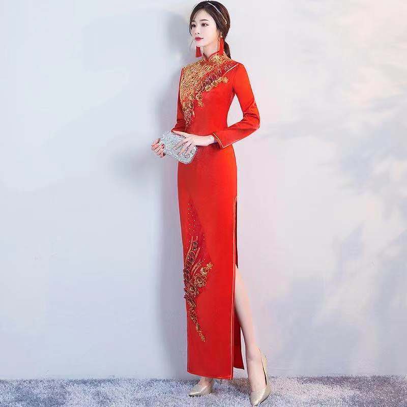 2020 new golden Lace Flower Bride Wedding Toast dress wedding red cheongsam dress bride performance