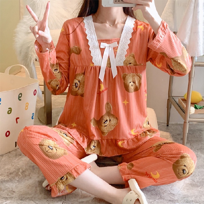Baju Tidur / Piyama Import Wanita Motif Celana Panjang Lengan Pendek Stelan Sleepwear 3in1 Jumbo-RENDA-Bear Teracota