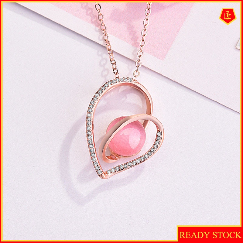 [Ready Stock]Fashion Inlaid Pink Crystal Necklace Sweet Loving Heart Pendant