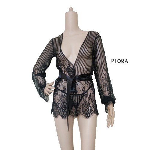 Baju Tidur - Set Baju Tidur Kimono Wanita Sexy Lingerie Premium Lace Hitam Pl02A