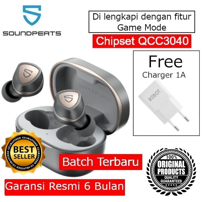 Soundpeats Sonic Tws Headset Wireless Earphone Gaming Mode H1 Lite - Sonic + Adaptor, Garansi 6