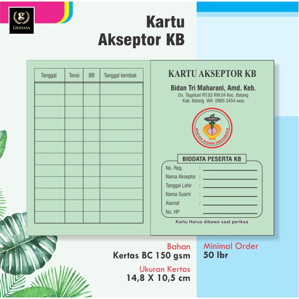 KARTU AKSEPTOR KB / Kartu Peserta KB / Kartu Kb / Buku KB / Buku Peserta KB / Kartu KB lipat (isi 100 lbr)