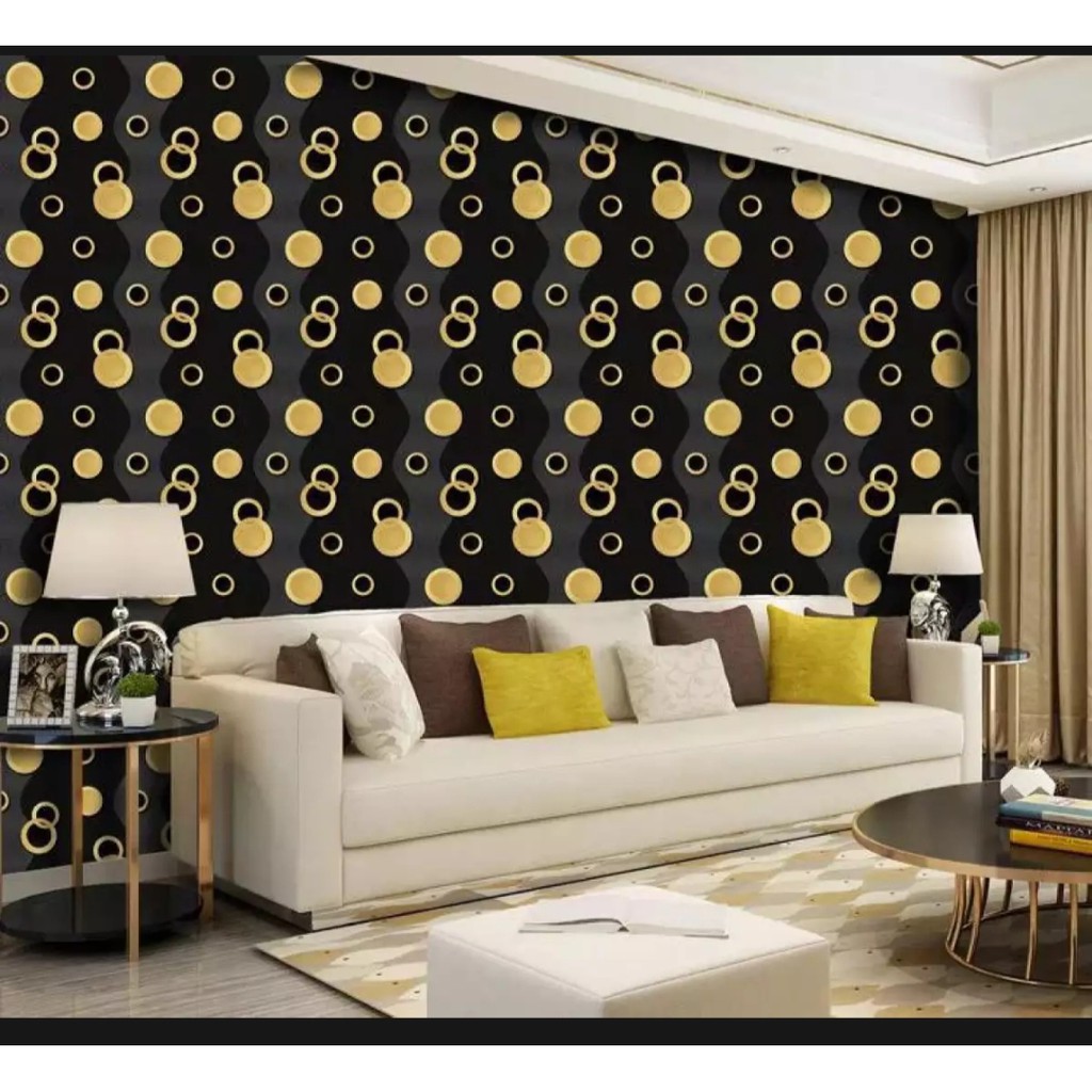 WALLPAPER DINDING MOTIF POLKADOT GOLD DSR HITAM 10m x 45cm