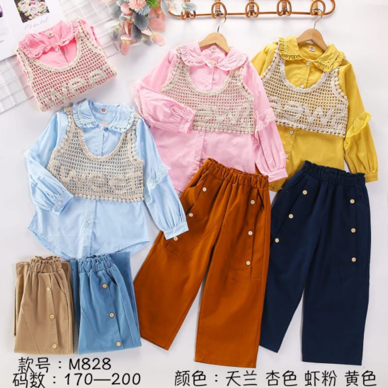 NEW ARRIVAL 3IN1 SETELAN ANAK CEWE PREMIUM DAPET KEMEJA + CELANA KULOT + VEST IMPORT SUPER PREMIUM A