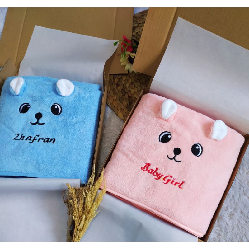 handuk microfiber bayi anak motif mata 70x140cm lembut daya serap tinggi anti bakteri dengan bordir 