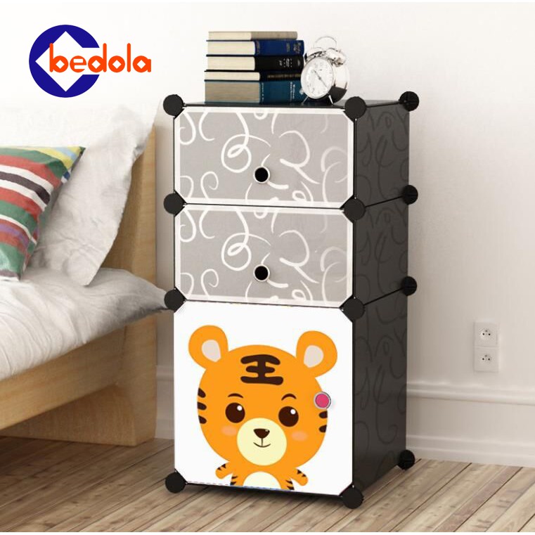 Bedola Lemari plastik anak bedside table anti air rak buku susun kartun 3 pintu/kotak