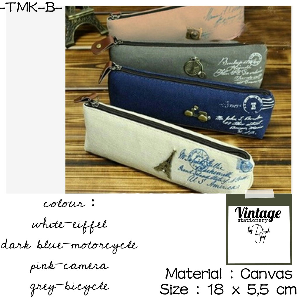 

Ready Stock Tempat Pensil/Koin/Make up bahan Canvas motif Eiffel, Vespa, Bicycle, Camera