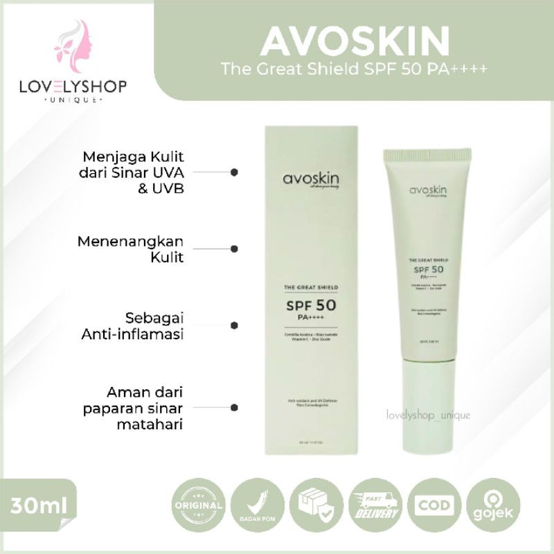 AVOSKIN TGS The Great Shield Sunscreen (30ml) Sunblock Tabir Surya SPF 50 Krim Siang Pemutih Kulit