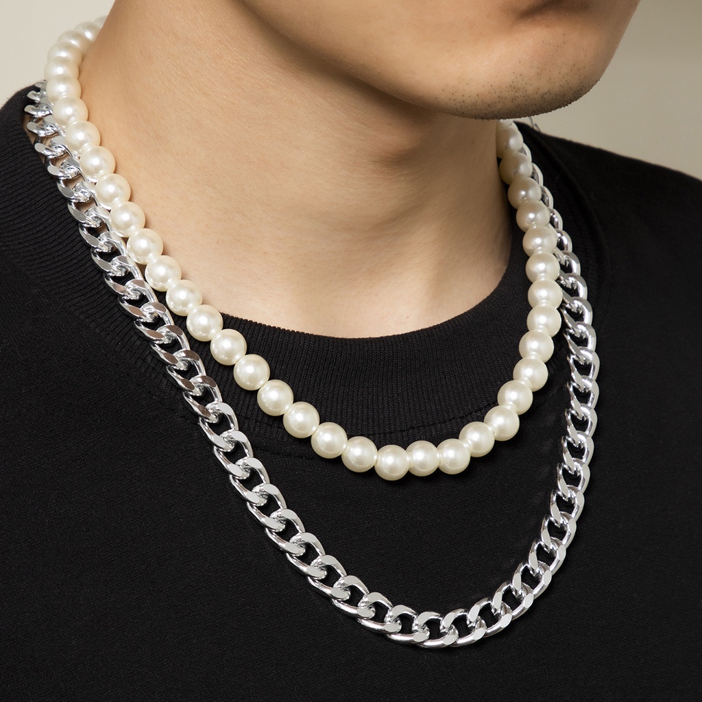 Kalung Mutiara Imitasi double layer Gaya Eropa Amerika Untuk Pria