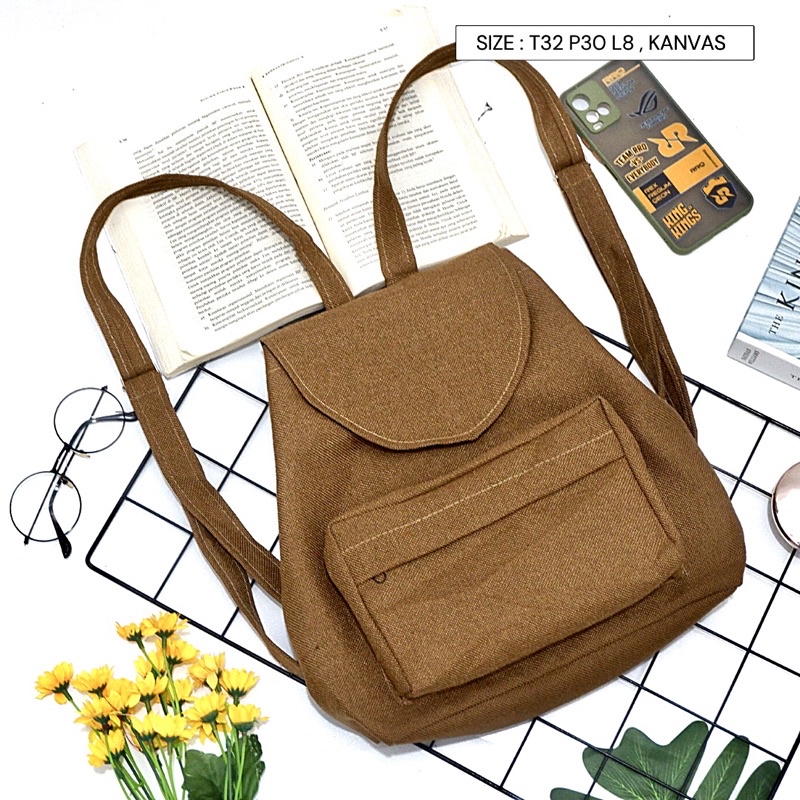 Bayar di Tempat COD Tas Ransel Serut Bahan Kanvas KANTONG Depan Ukuran Medium tas punggung wanita-Warna 686