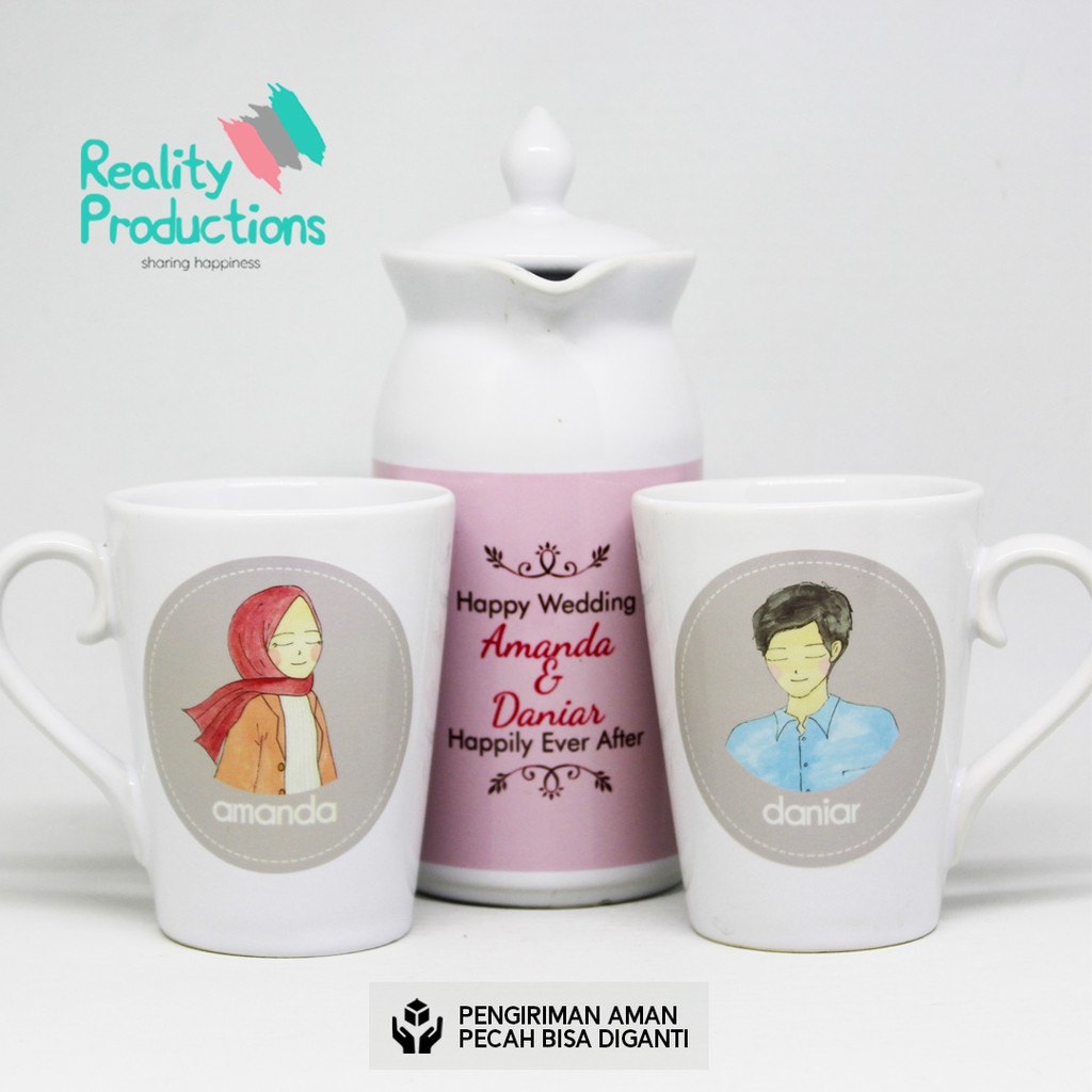 Jual Paket Mug Couple Square Dan Teko Mini Untuk Kado Pernikahan Pengantin Casual Hijab Cantik 5921