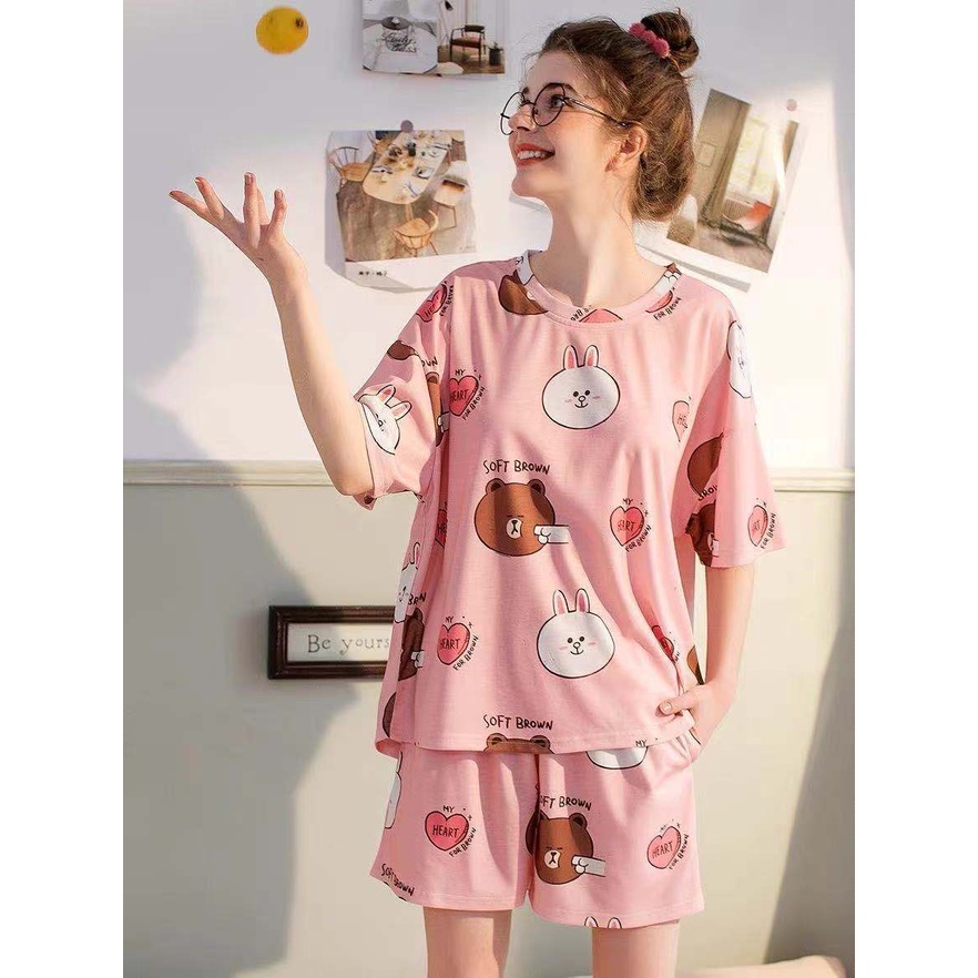 Piyama Baju Tidur Import Wanita Fashion Sleepwear Spandex Stelan Rumah Baju Santai Celana Pendek z-HP-Line Pink