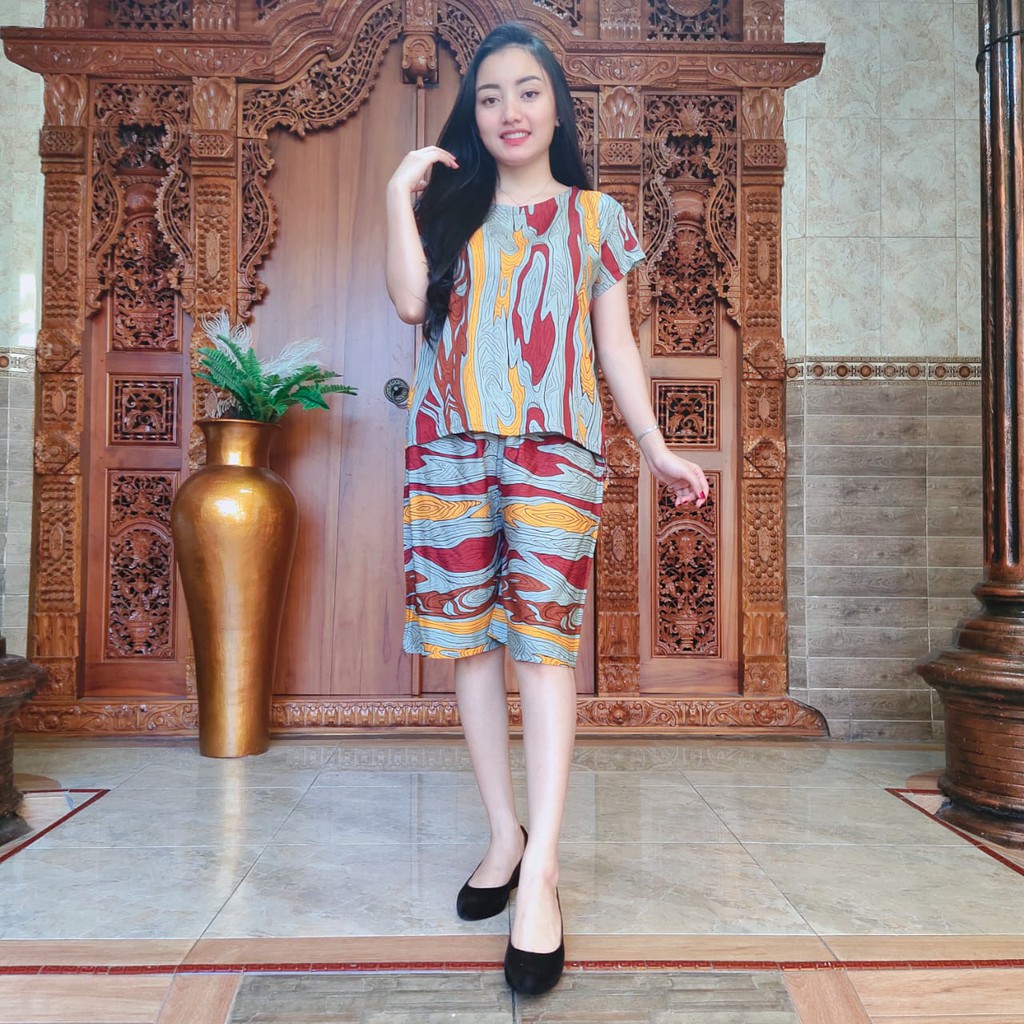 Piyama Pendek Tree Style Rayon Super 03-KUNING MAROON TREE