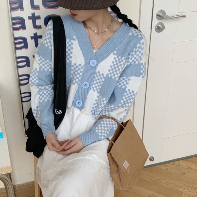 [ready stock] bluemy cardi | atasan rajut knit cardigan crop kotak kotak gaya korea kpop idol aesthetic kekinian