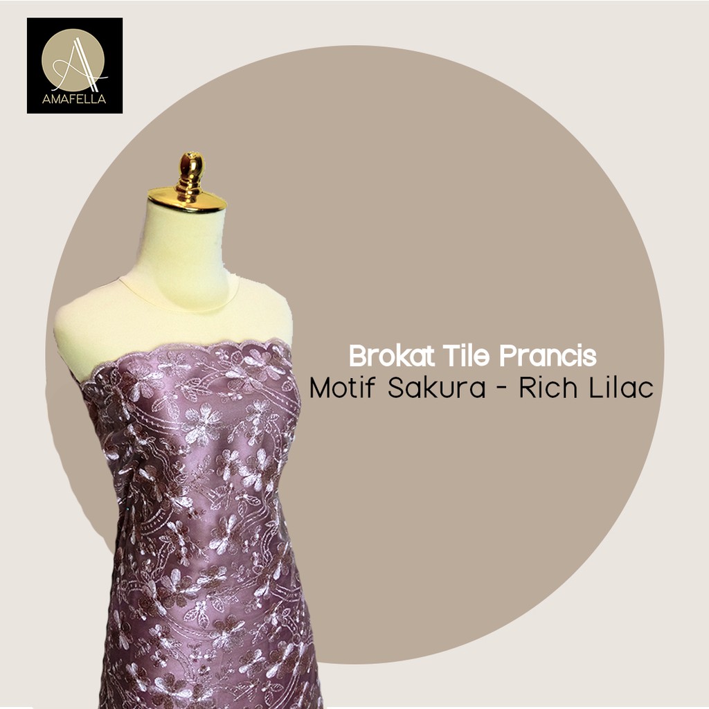 1/2 meter Kain Brokat Tile Prancis Bahan Kebaya Motif Sakura Warna Rich Lilac / Ungu