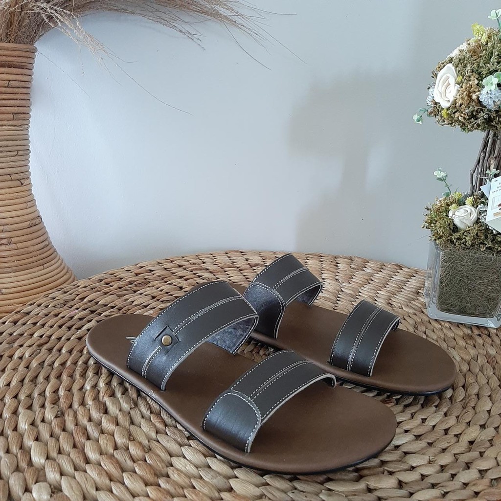 SANDAL PRIA SLIDE KULIT ASLI WARNA HITAM COKLAT TAN