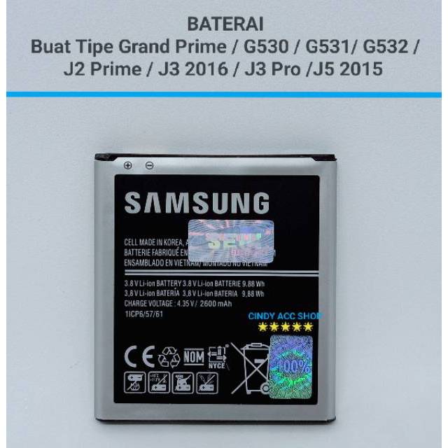 Baterai Original J2 Prime J2 Core J2 Pro A2 Core J3 2016 J5 G530 Grandprime Duos Original Batre Battery Bat