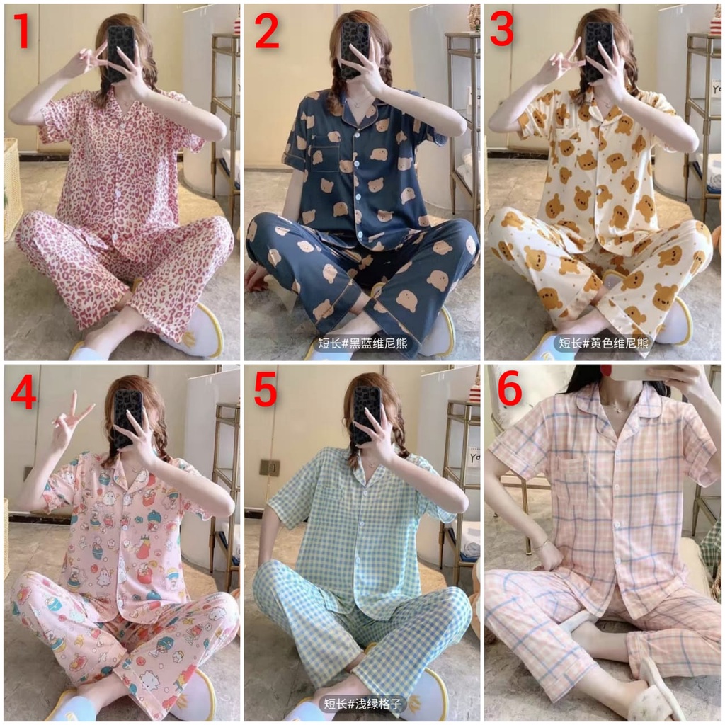 Baju tidur piyama bahan spandek import lengan pendek celana panjang leopard