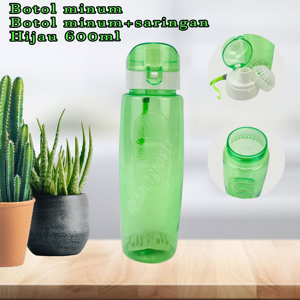 Botol minum / botol plastik / Botol minum + saringan / Warna hijau / 600ml